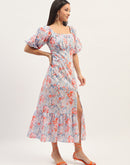 Madame Printed Fit And Flare Blue Cotton Maxi Dress