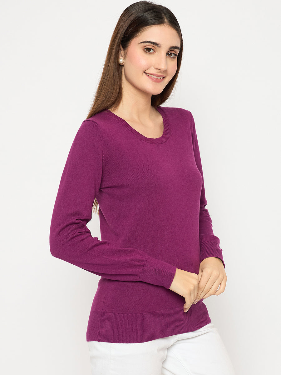 Madame Round Neck Ribbed Cuff Purple Sweater