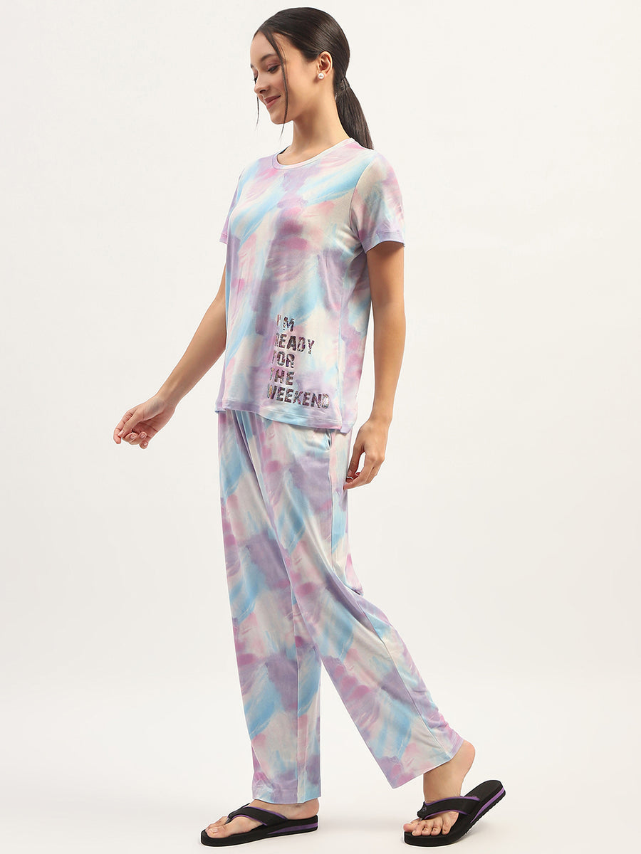 mSECRET Tie Dye Effect Print Mauve Top with Printed Pyjama and Shorts Set