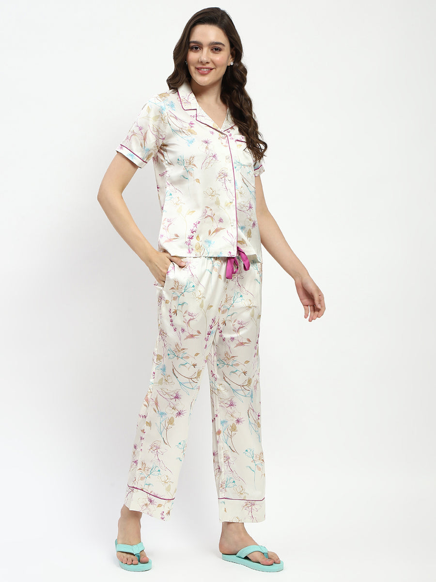 mSECRET Printed Shirt and Shorts Off White Nightsuit