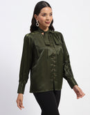 Madame Tie Up Neck Cuffed Sleeve Olive Top