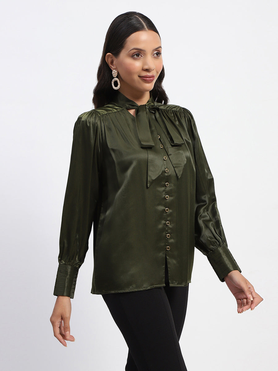 Madame Tie Up Neck Cuffed Sleeve Olive Top