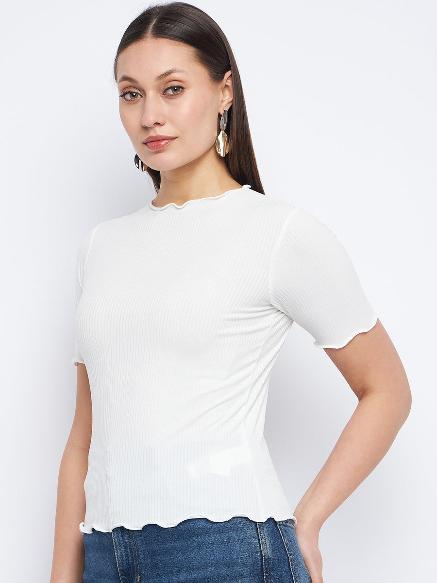 Madame Solid White Lettuce Hem Top