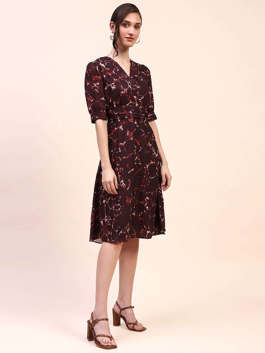 Camla Barcelona Abstract Print Cinched Waist Brown Mid Dress