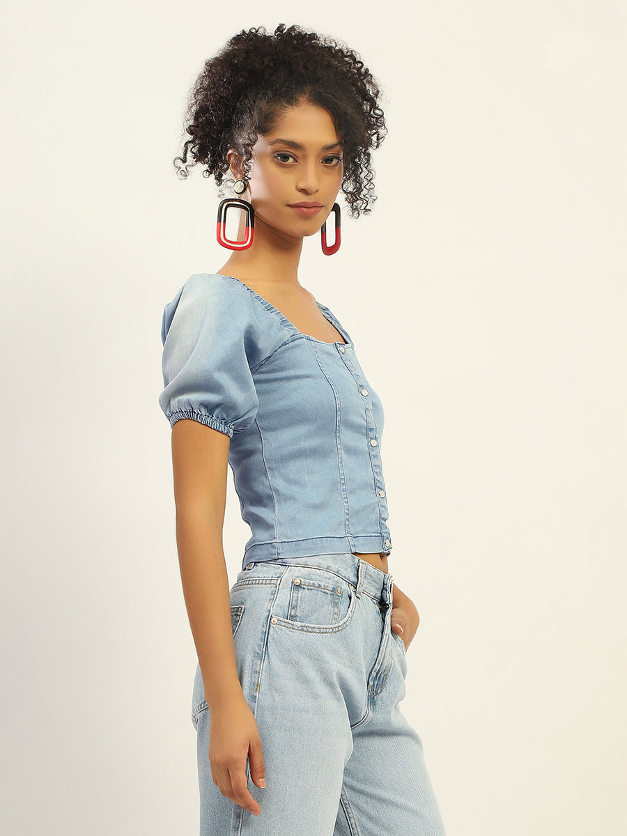 Madame Square Neck Front Button Ice Blue Denim Top