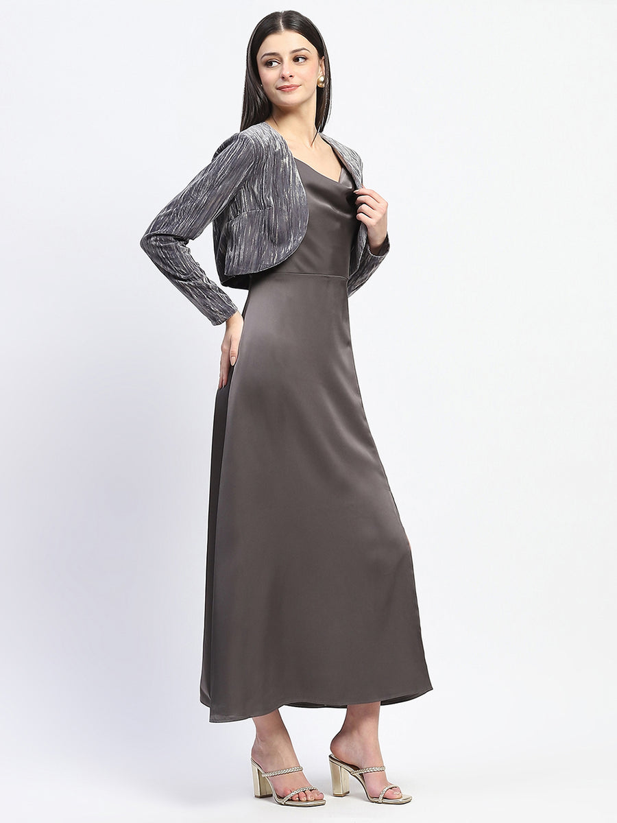 Madame Cowl Neck Solid Grey Satin Maxi Dress