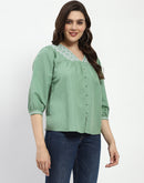 Madame Embroidered Cotton Blend Green Tunic Top