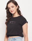 Madame Black Cotton Typography Elasticated Waist Crop Top