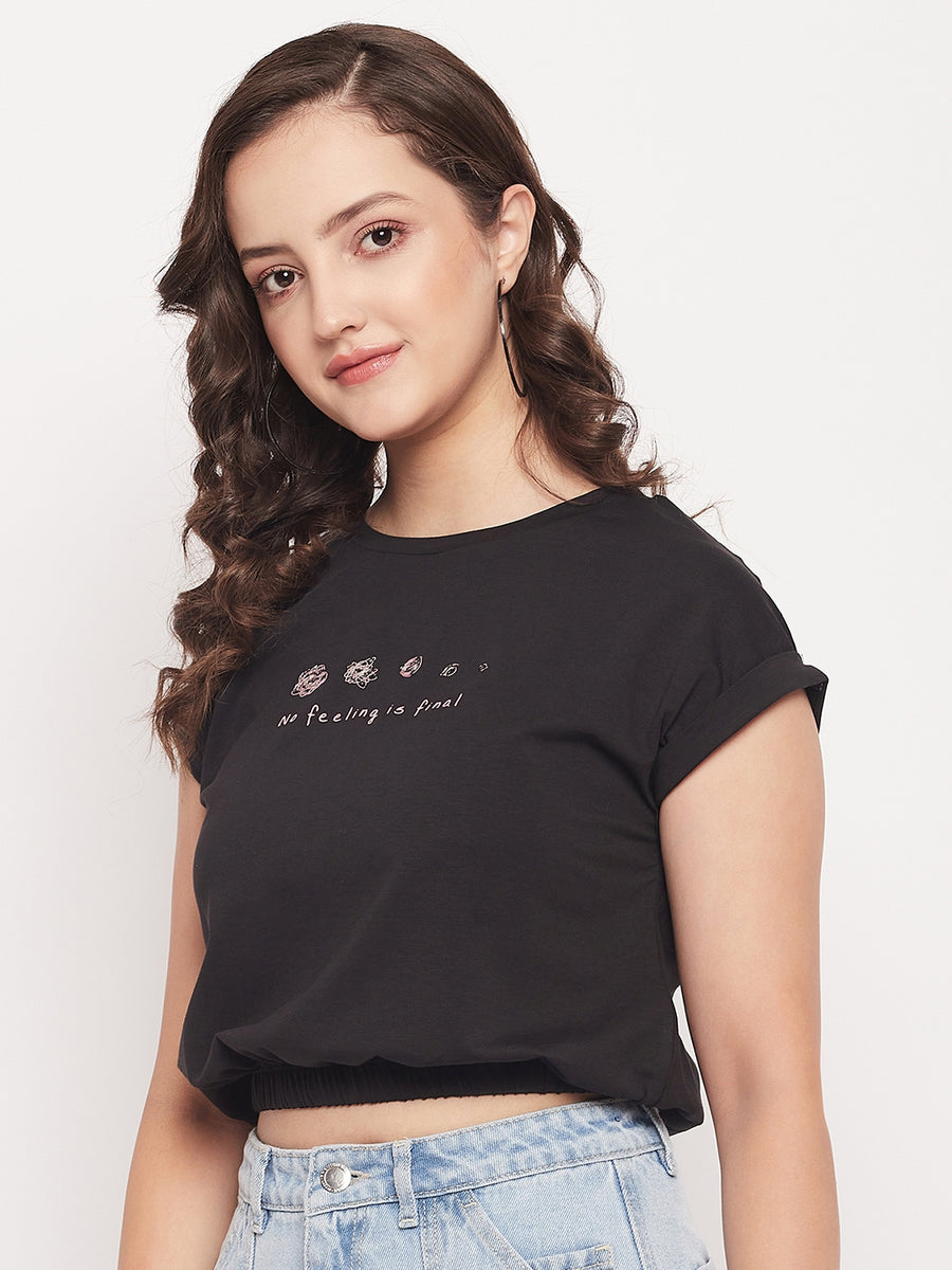 Madame Black Cotton Typography Elasticated Waist Crop Top