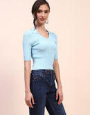 Camla Barcelona Ribbed Collared V Neck Skinny Fit Blue T-shirt