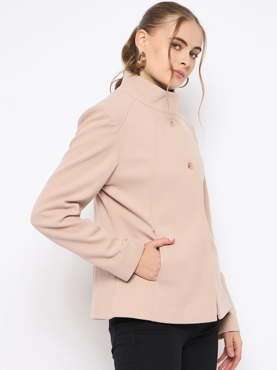 Madame Textured High Neck Beige Short Coat