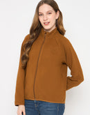 Madame Raglan Sleeve Embroidered Brown Zipped Sweatshirt