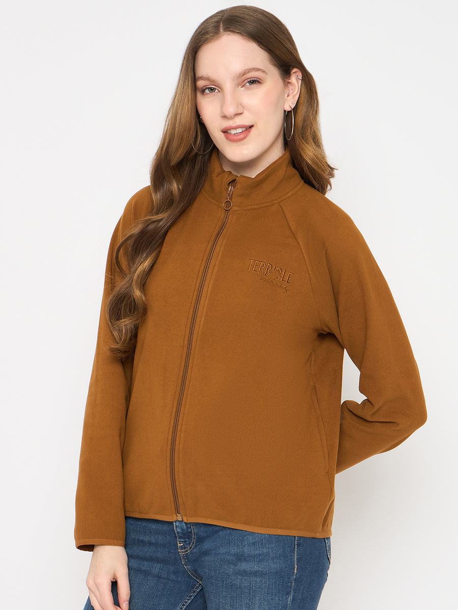 Madame Raglan Sleeve Embroidered Brown Zipped Sweatshirt