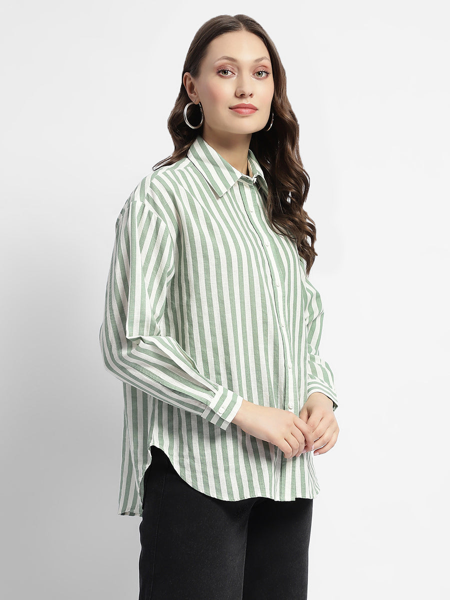 Madame Dusty Green And White Striped Regular Shirt