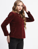 Madame Wine Red Emellished Button Short Coat