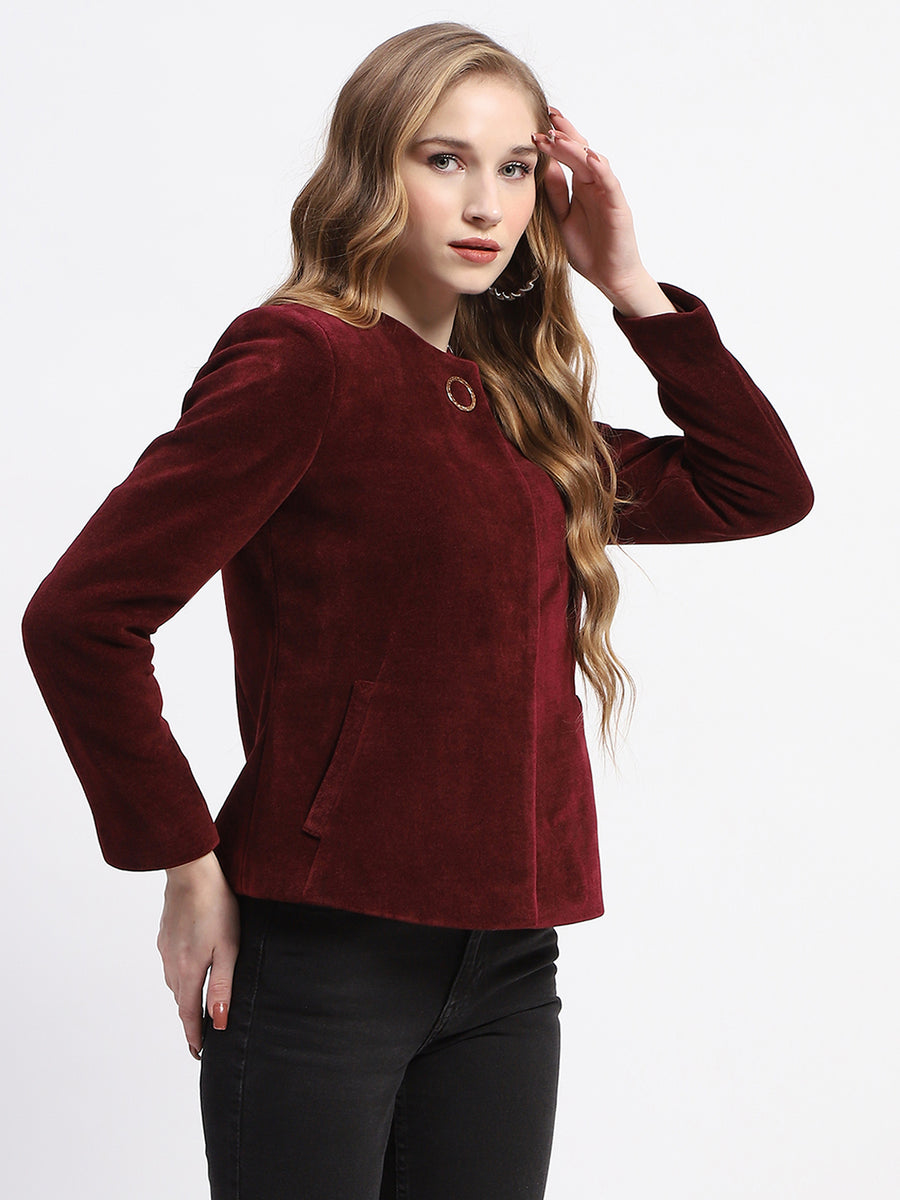 Madame Wine Red Emellished Button Short Coat