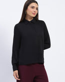 Madame Button Down Solid Black Shirt