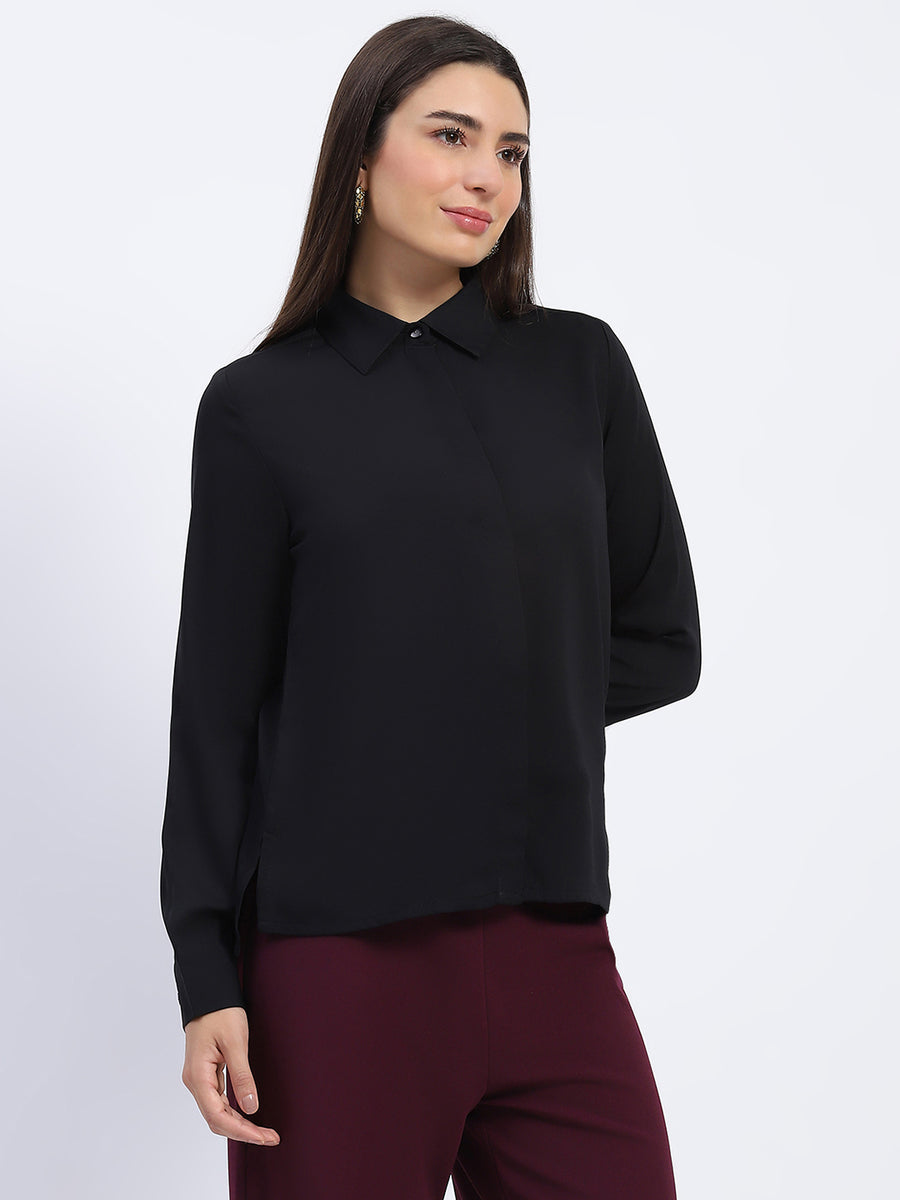 Madame Button Down Solid Black Shirt