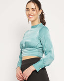 Camla Barcelona Peasent Sleeve Aqua Blue Cinched Waist Crop Top