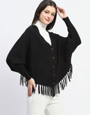 Madame Fringe Detailed Button Down Black Sweater