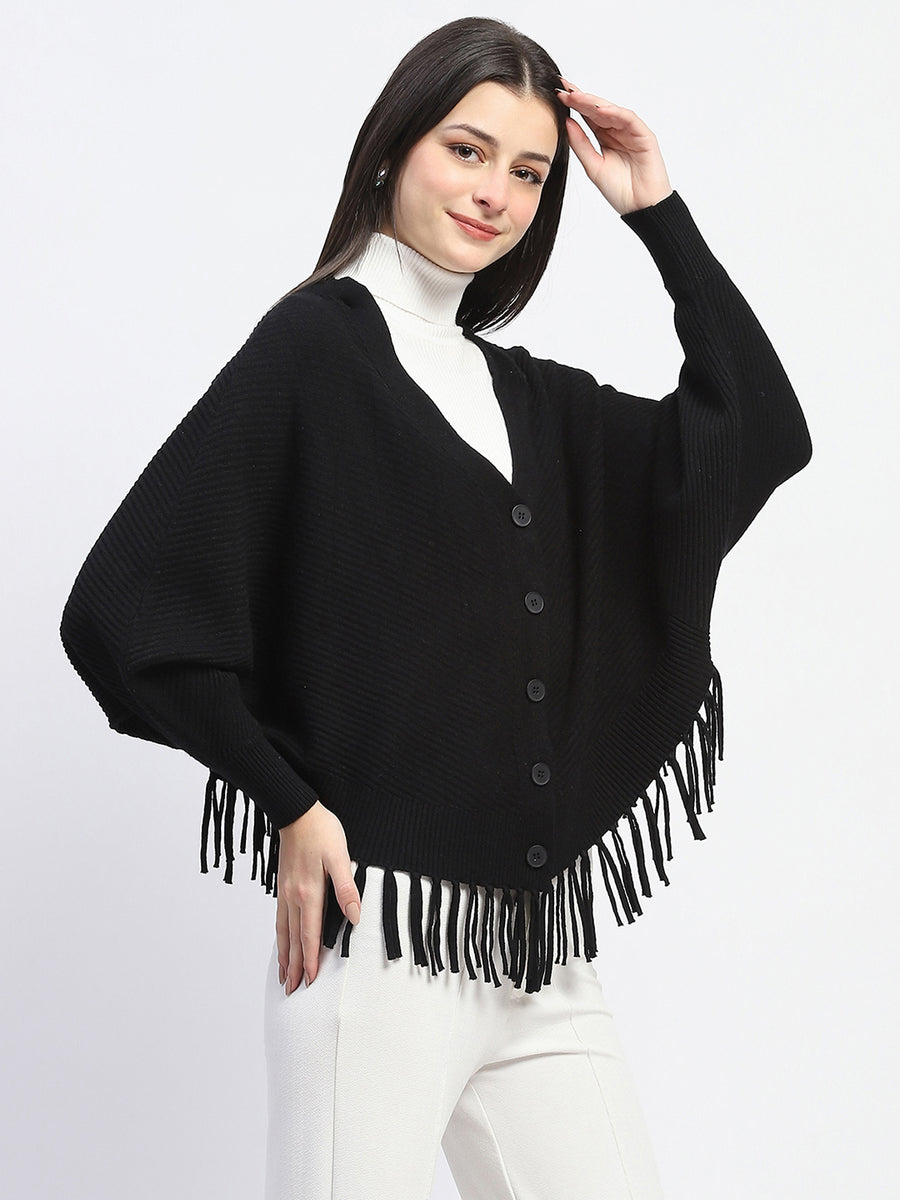 Madame Fringe Detailed Button Down Black Sweater