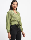 Madame Self Belted Waist Striped Green Shirt