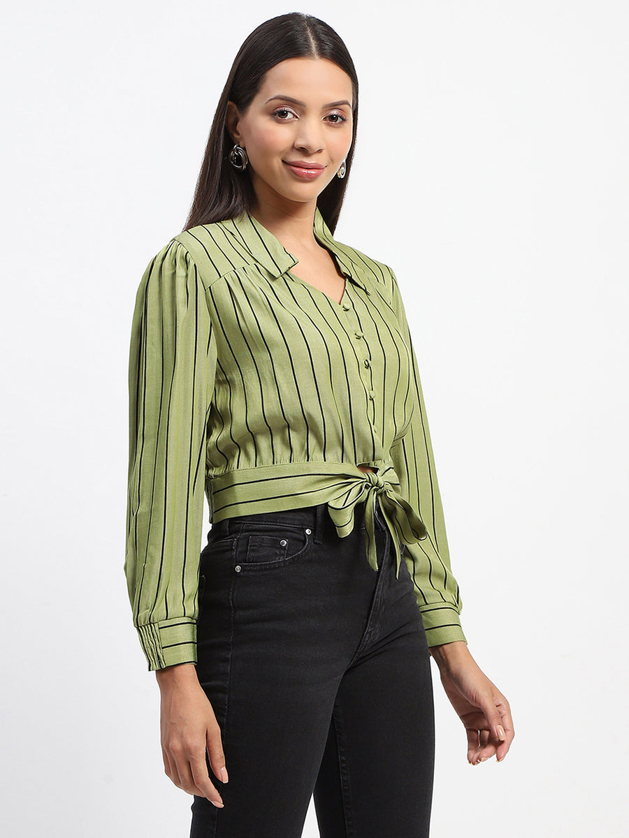 Madame Self Belted Waist Striped Green Shirt