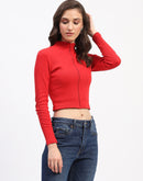 Madame Ribbed Mock Neck Zipped Red Crop Top