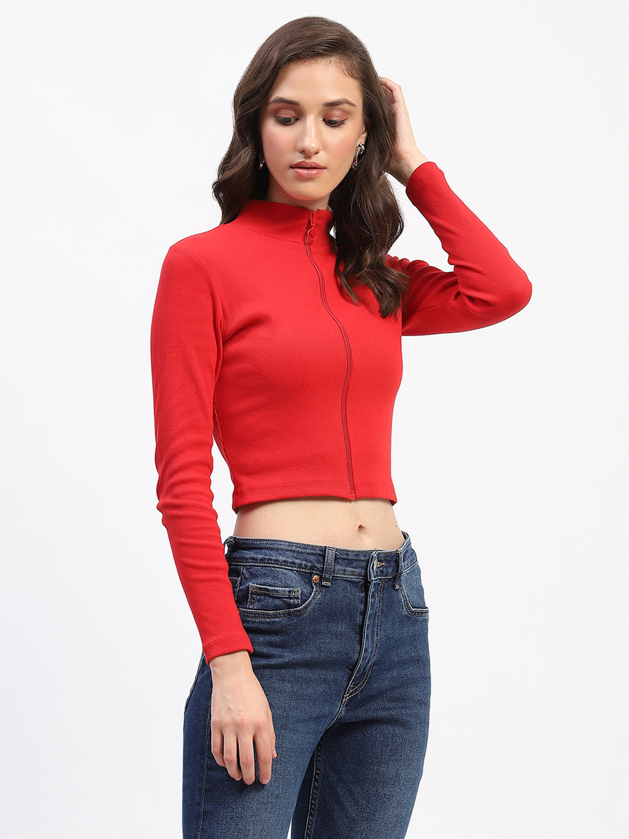 Madame Ribbed Mock Neck Zipped Red Crop Top