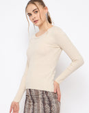 Madame Scalloped Neck Solid Beige Sweater