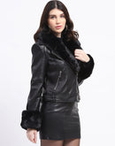 Madame Fur Lapel And Cuffs Wrap Black Short Coat