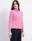 Madame Ruched Mock Neck Plain Pink Cotton Top