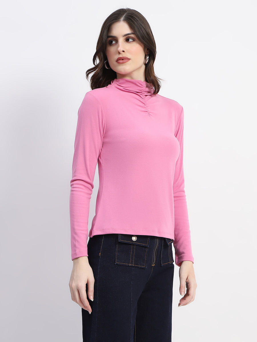 Madame Ruched Mock Neck Plain Pink Cotton Top