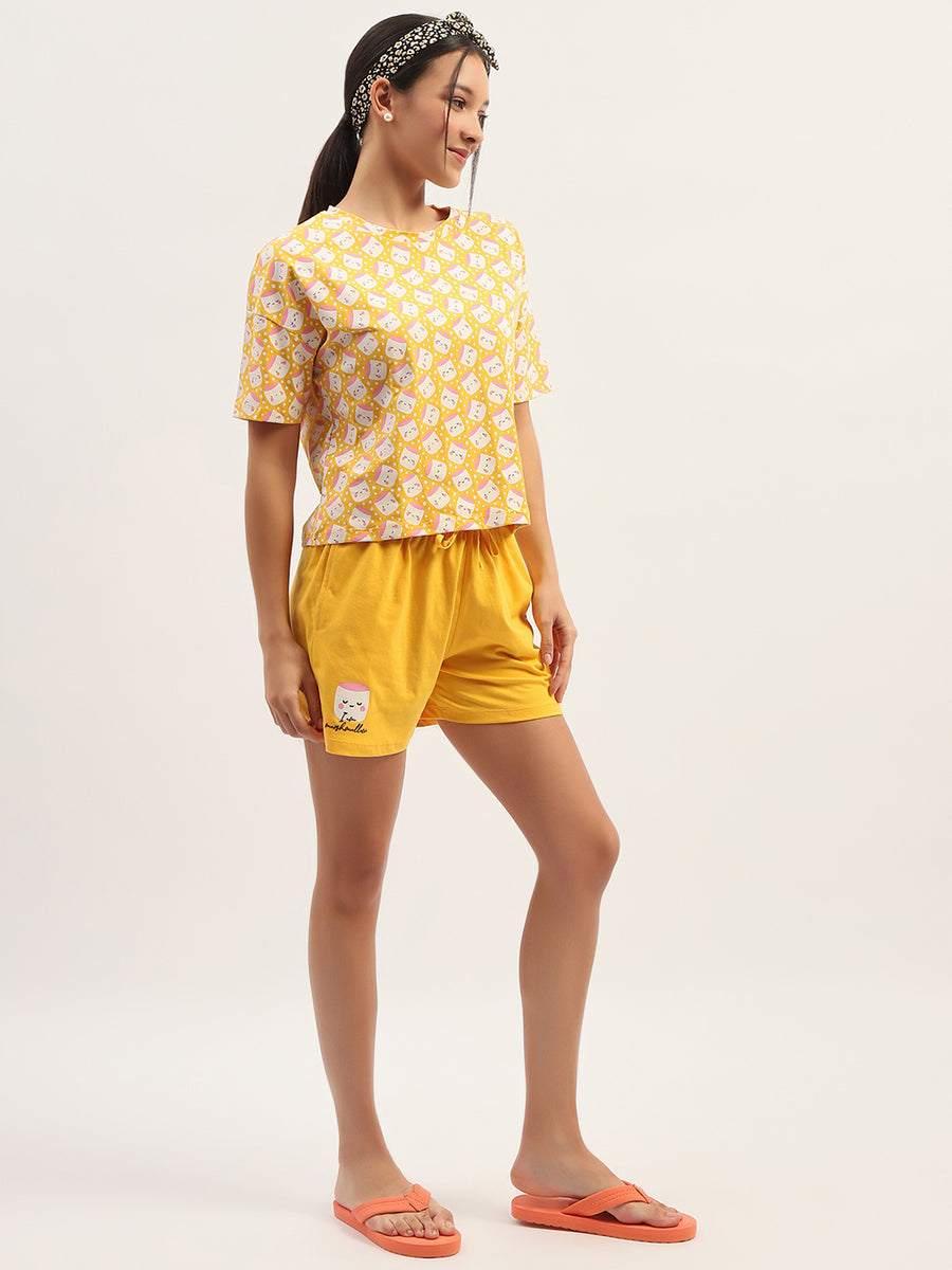 mSECRET Printed Cotton Mustard Top with Shorts