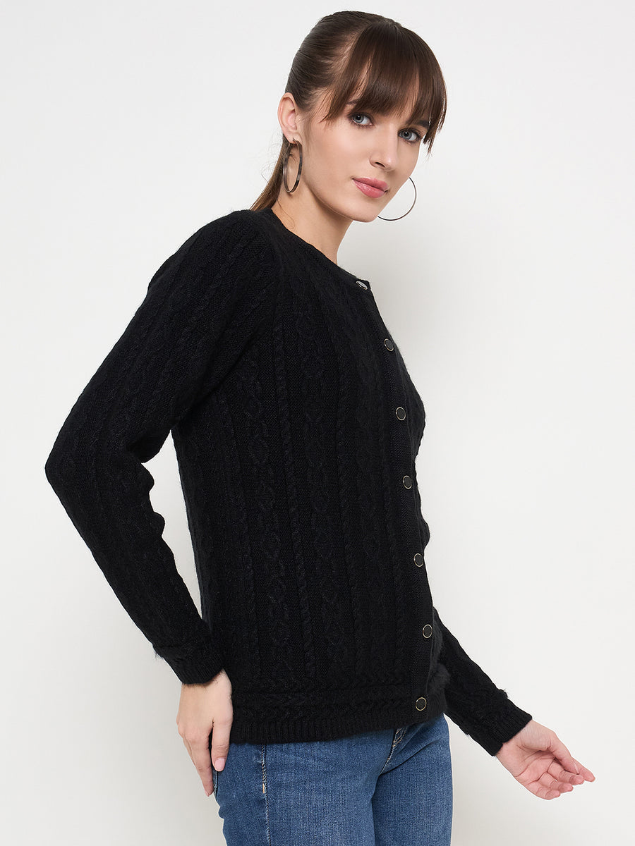 Madame Self Design Crew Neck Black Cardigan