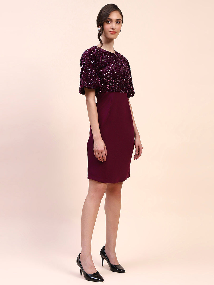 Camla Barcelona Sequin Embellished Plum Sheath Dress