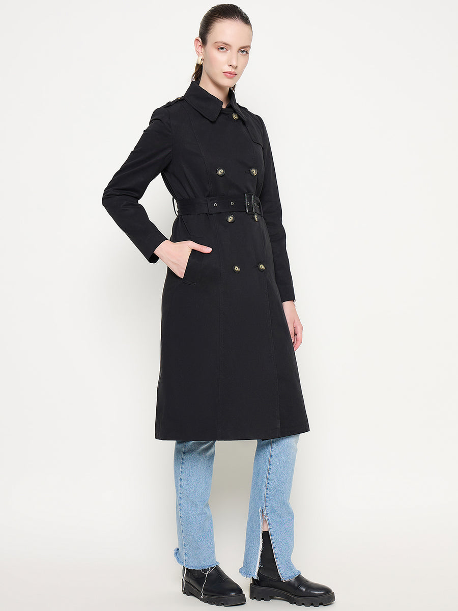 Madame Double Breasted Buckled Belt Black Trench Coat