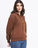 Madame Fleece Embroidered Closed Brown Hooded Sweatshirt For Women