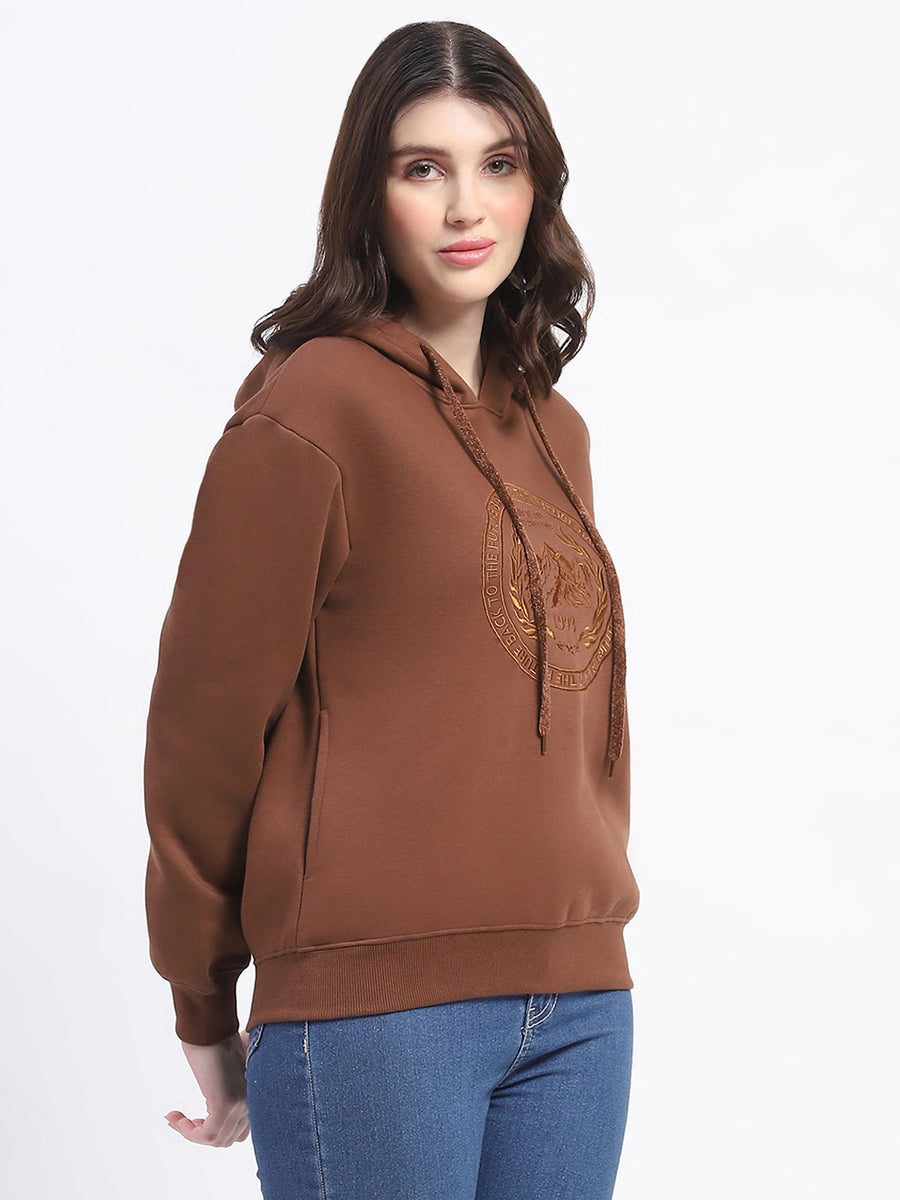 Madame Fleece Embroidered Closed Brown Hooded Sweatshirt For Women