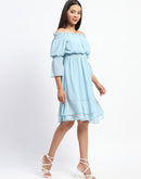 Madame Gathered Waist Off Shoulder Aqua Dress