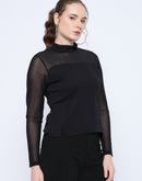 Madame Band Neck Embellished Solid Black Mesh Top