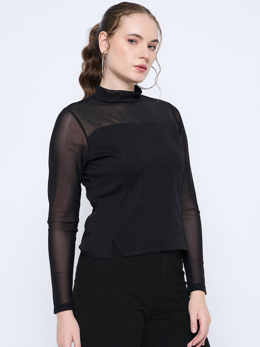 Madame Band Neck Embellished Solid Black Mesh Top