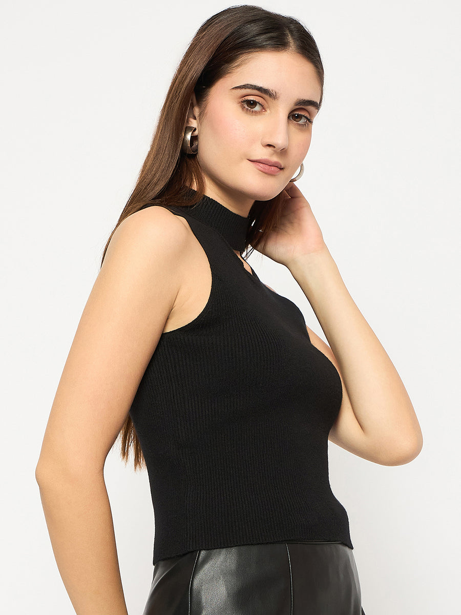 Madame Cutout Sleeveless Mock Neck Black Sweater