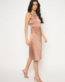 Madame Pleated Satin Light Brown Midi Dress