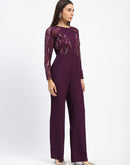 Madame Plum Embellished Mesh Wine Jumpsuit with Long Sleeves