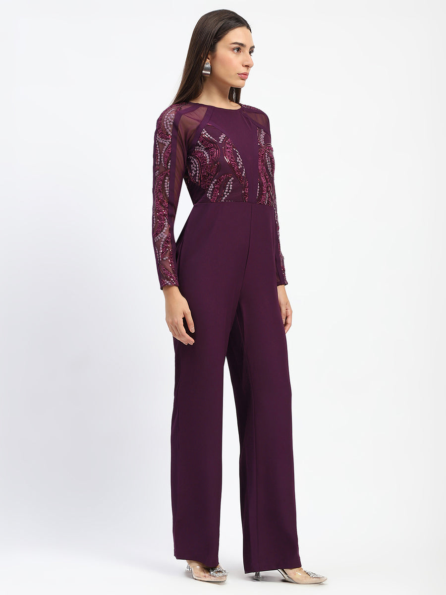 Madame Plum Embellished Mesh Wine Jumpsuit with Long Sleeves