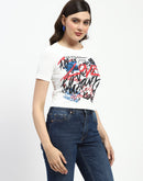 Madame Bridgerton Typography Printed Crystal Embellished White Cotton T-Shirt