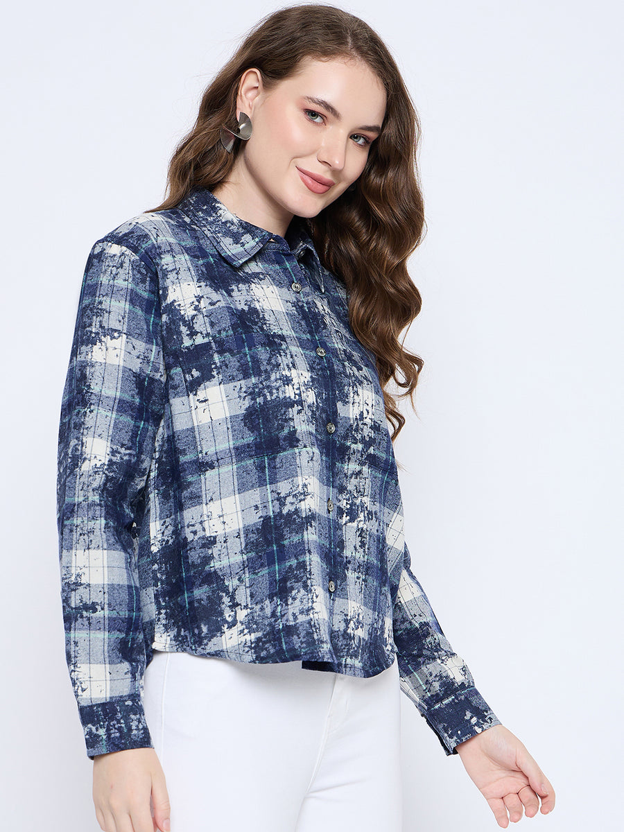 Madame Long Sleeve All Over Printed Shirt Collar Front Button Blue Shirt