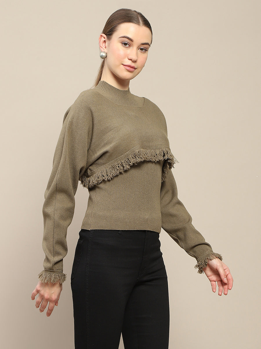 Madame Front Ripped Full Sleeve Olive Sweater