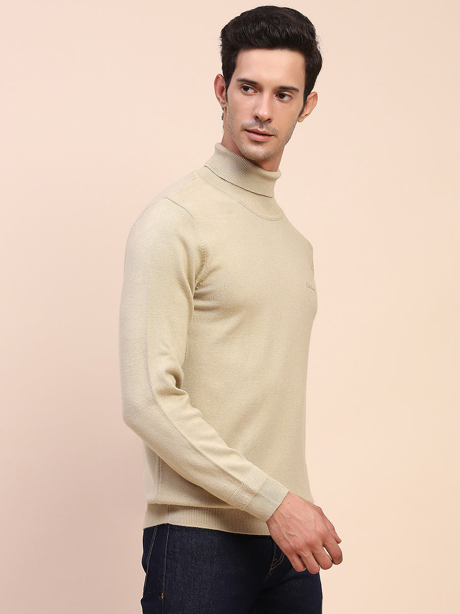 Camla Barcelona Embossed High Neck Solid Beige Sweater